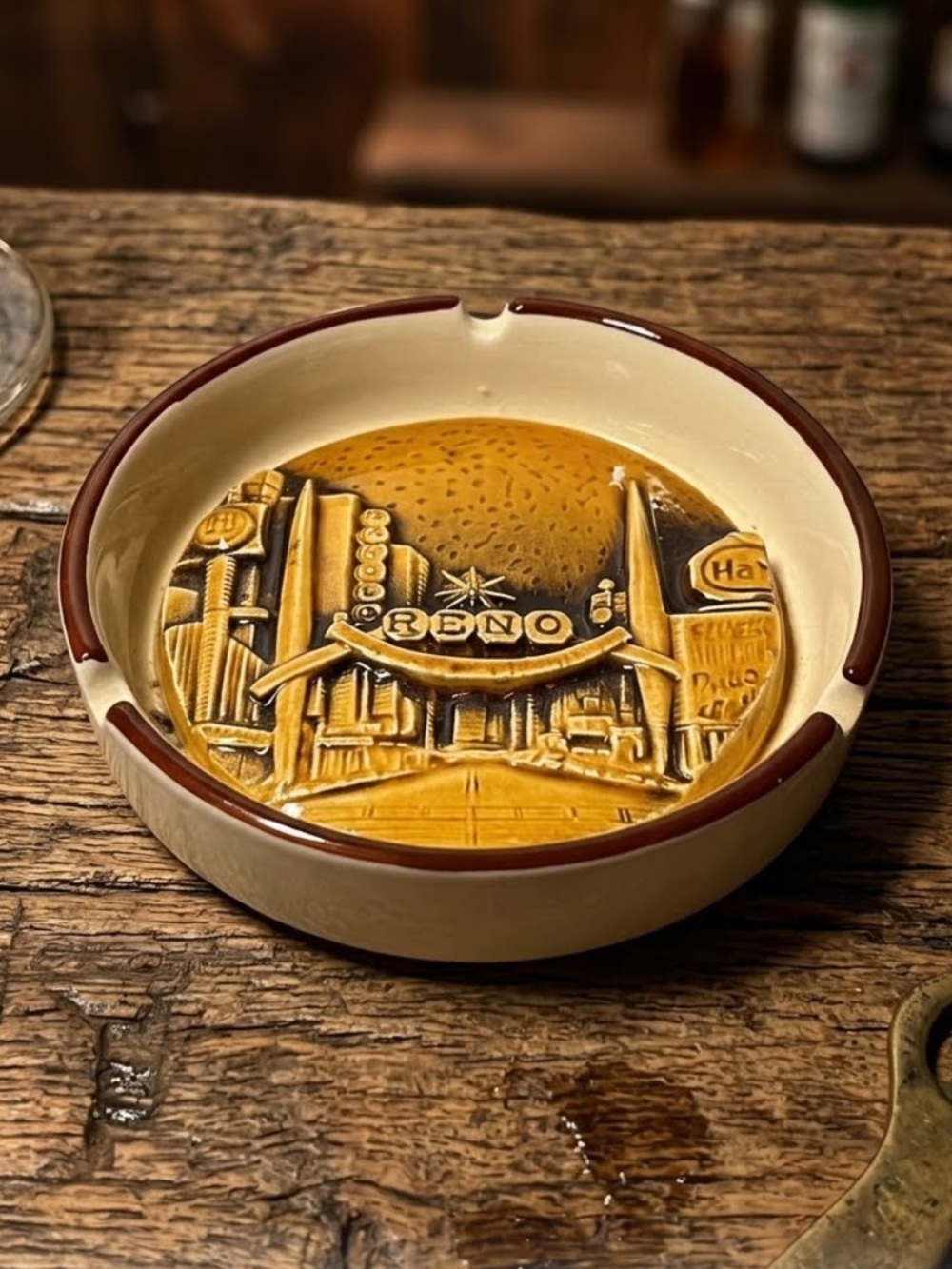 Vintage Reno Scenic Embossed Ceramic Ashtray - Brown and Cream